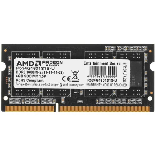 ОЗУ AMD Radeon R5 Entertainment Series Black R534G1601S1S-U 4GB DDR3 1600 SO DIMM Non-ECC, CL11, 1.5V, Retail