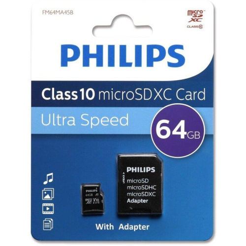Карта памяти PHILIPS FM64MA45B/97 64GB microSDHC Class 10 (SD адаптер)