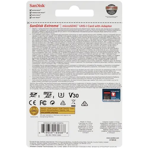 Карта памяти microSDXC SanDisk EXTREME SDSQXAA-128G-GN6MA 128GB Class 10, UHS-I, W90, R 190 МБ/с, адаптер на SD