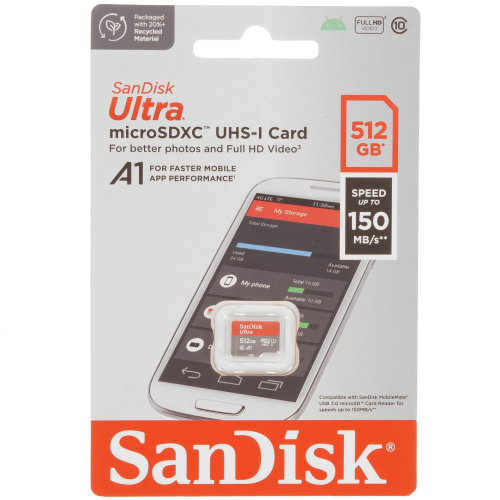 Карта памяти SanDisk Ultra microSDXC 512GB (SDSQUAC-512G-GN6MA) Class 10, UHS-I, R 150 МБ/с, адаптер