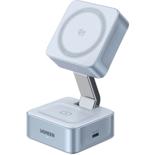Зарядное устройство UGREEN W752 (55960B) MagFlow 2-in-1 Magnetic 25W Wireless QI2.2 Charger серебристо-голубой