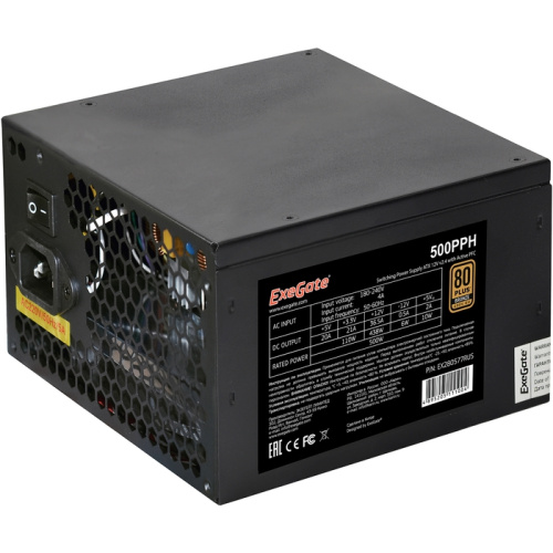 Блок питания ExeGate 500PPH EX280577RUS 500W RTL, ATX, black, 80+Bronze, APFC, 12cm, 24p, (4+4)p, 5*SATA, 3*IDE