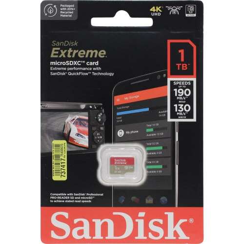 Карта памяти SanDisk 1024GBExtreme (SDSQXAV-1T00-GN6MN) microSDXC Class 10, UHS-I, W130, R 190 МБ/с без адаптера на SD