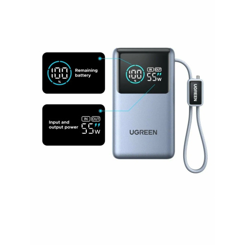 Внешний аккумулятор UGREEN PB727 (75701B) Fast Charging 10000mAh USB-C USB-A 55W о встроенным кабелем USB-C серый космос